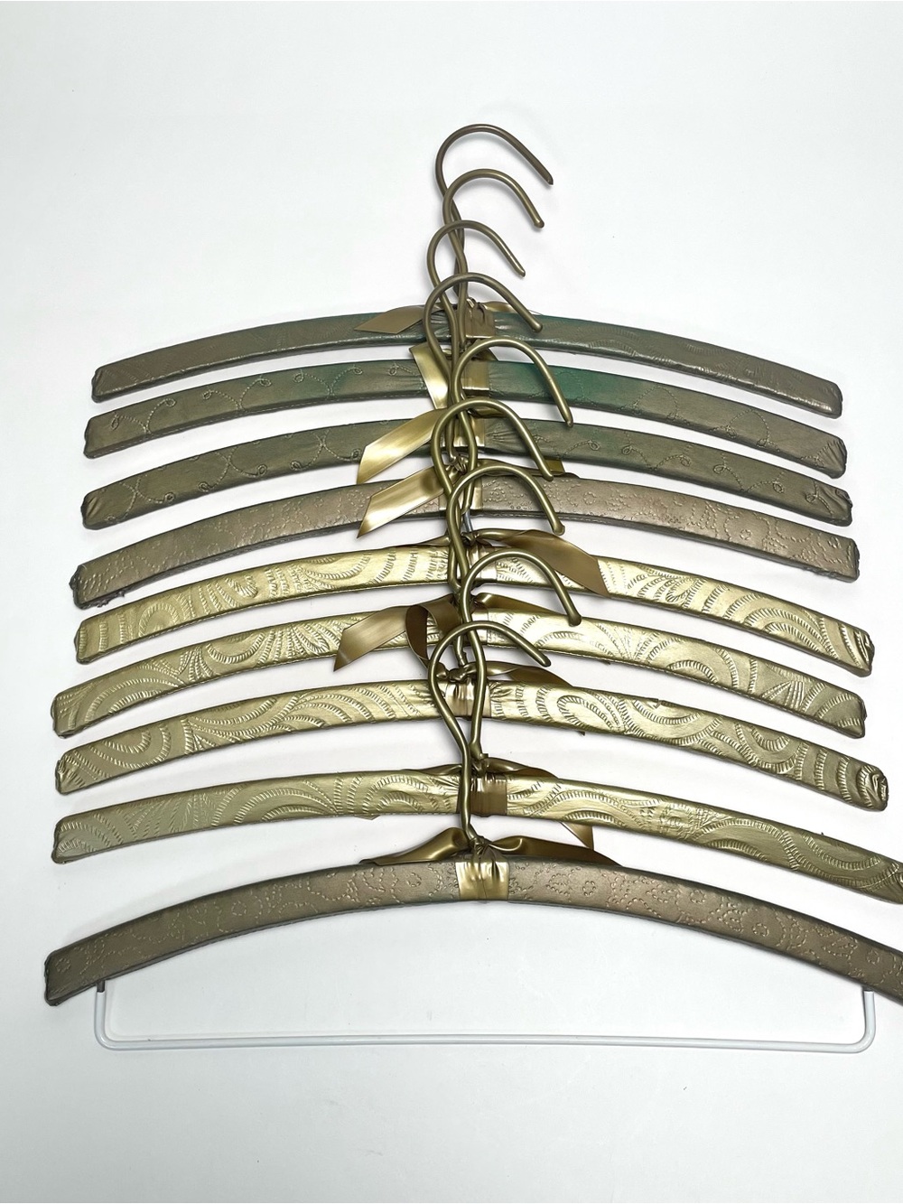 Vintage Set Of 9 Vinyl Covered Hangers Bronze Gold, Green With Vinyl Ribbon